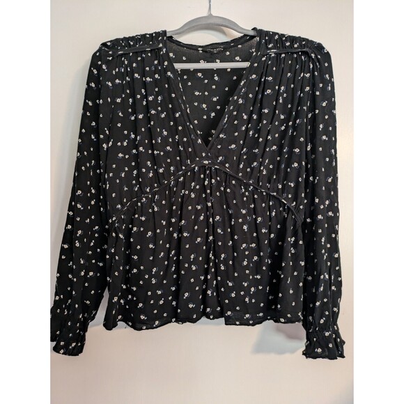 Lucky Brand Top Womens M Navy Blue Floral  Print V-Neck Long Sleeves Blouse - Picture 1 of 5